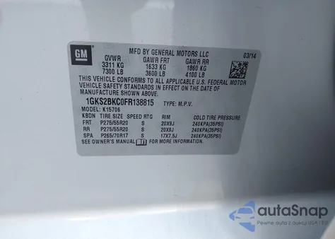 2015 GMC Yukon Slt из США, поврежденный, VIN 1GKS2BKC0FR138815